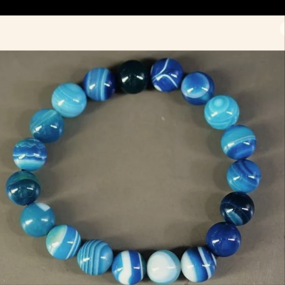 Rare Tibetan Natural Blue Agate *Sky Eyes/Strips* Beads Bracelet A3